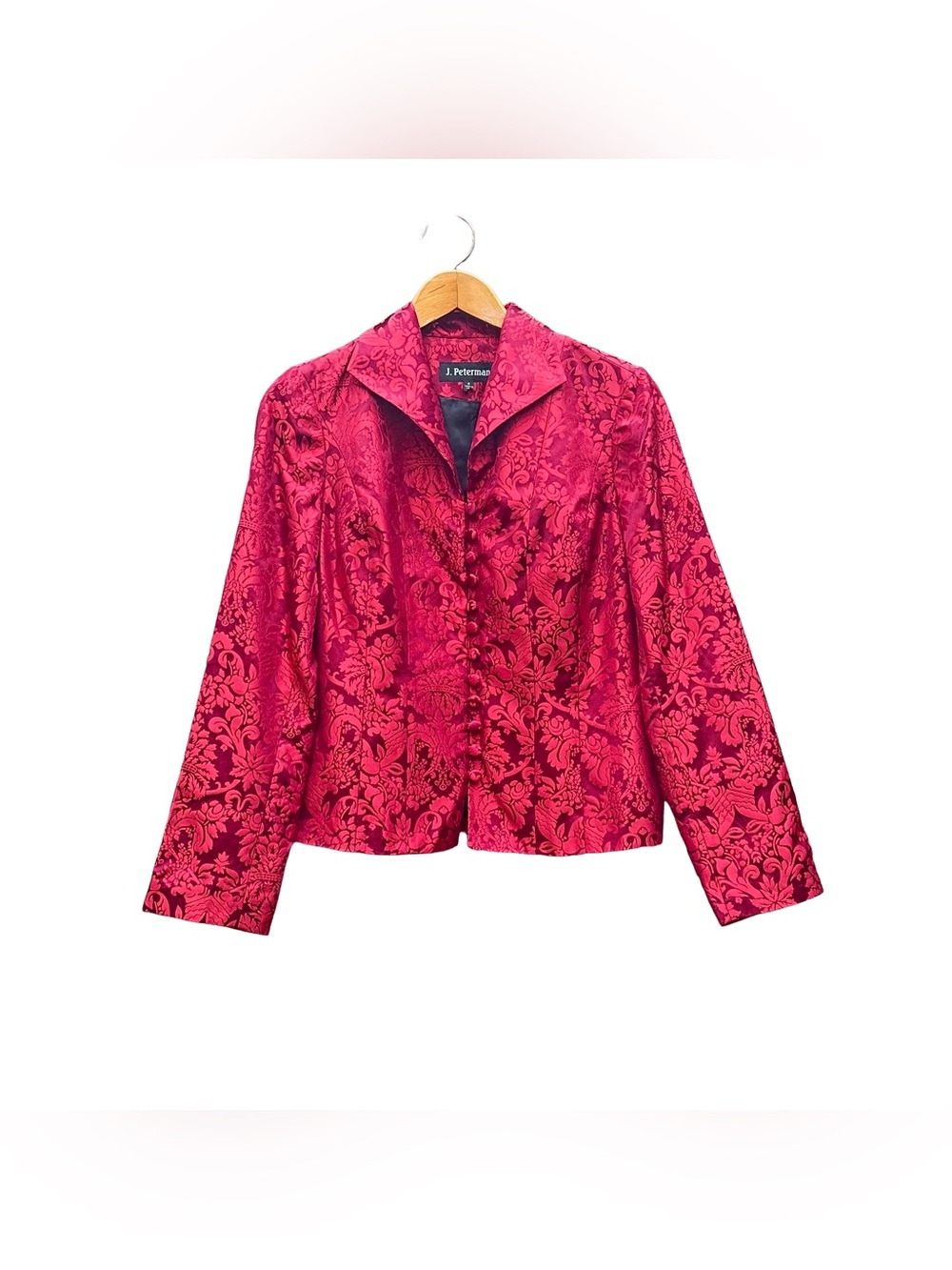 J Peterman Silk Satin Brocade Victorian Riding Jacket Deep Red Burgundy Womens 8